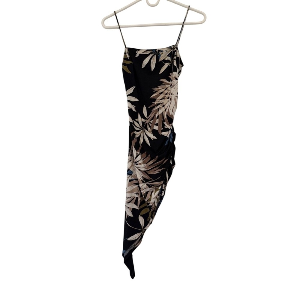 Lovely Day Black Asymmetrical Slip Dress‎ with Neutral Leaf Print